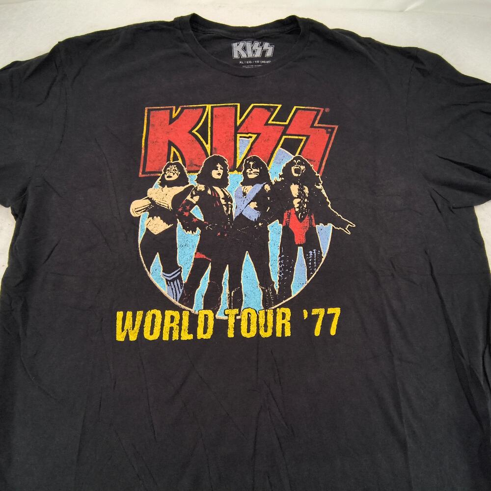 Kiss World Tour 77 Band Crew Neck Graphic T Shirt Mens Size Extra Large XL Black